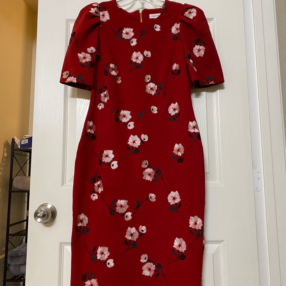 Calvin Klein Sheath Midi Red Floral Dress Size 6